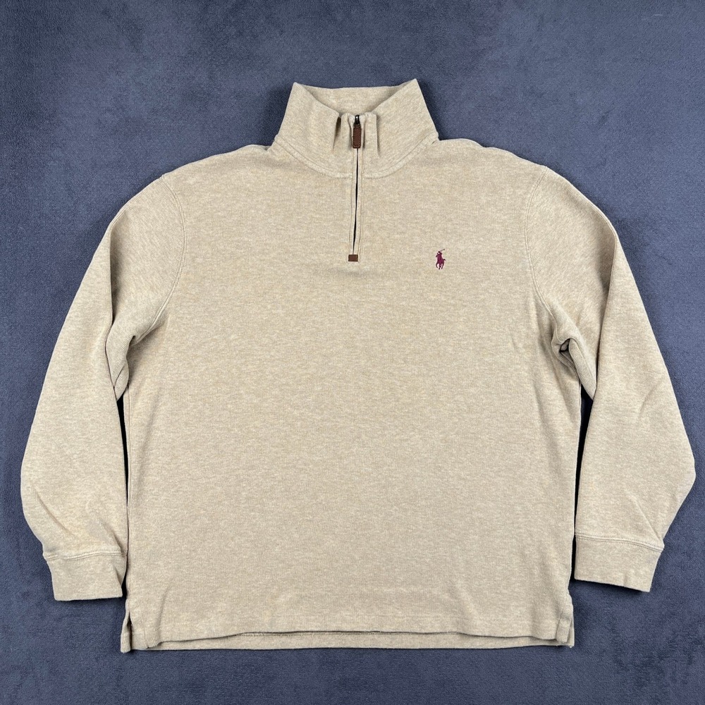 Polo Ralph Lauren Estate Rib 1/4 Zip Mens XL Beige Cotton Pullover Sweater